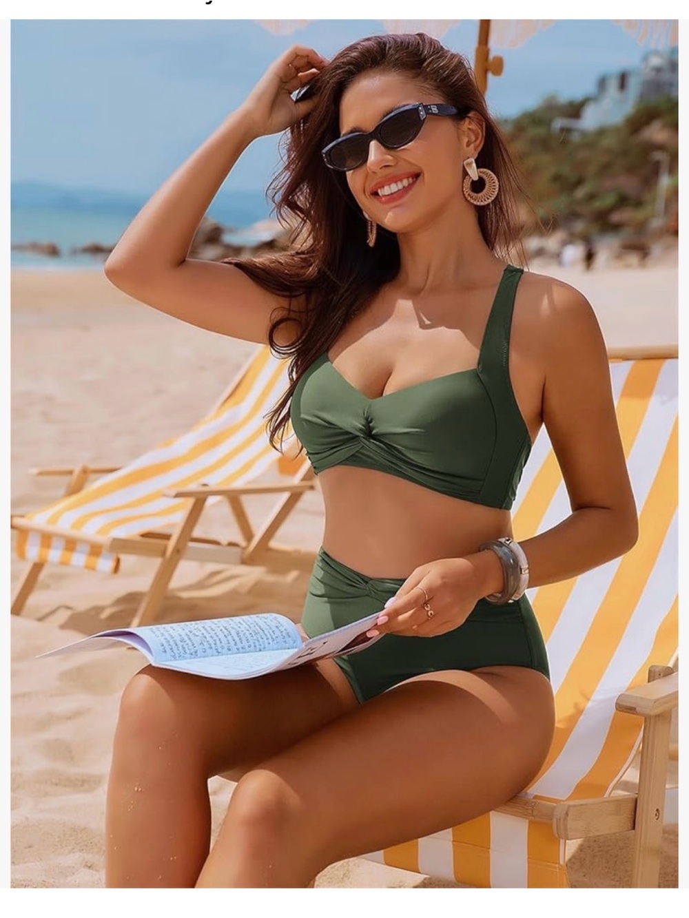 Olive Green Twist-Front High Waist Bikini - Women's Swim - Picture 6 of 14